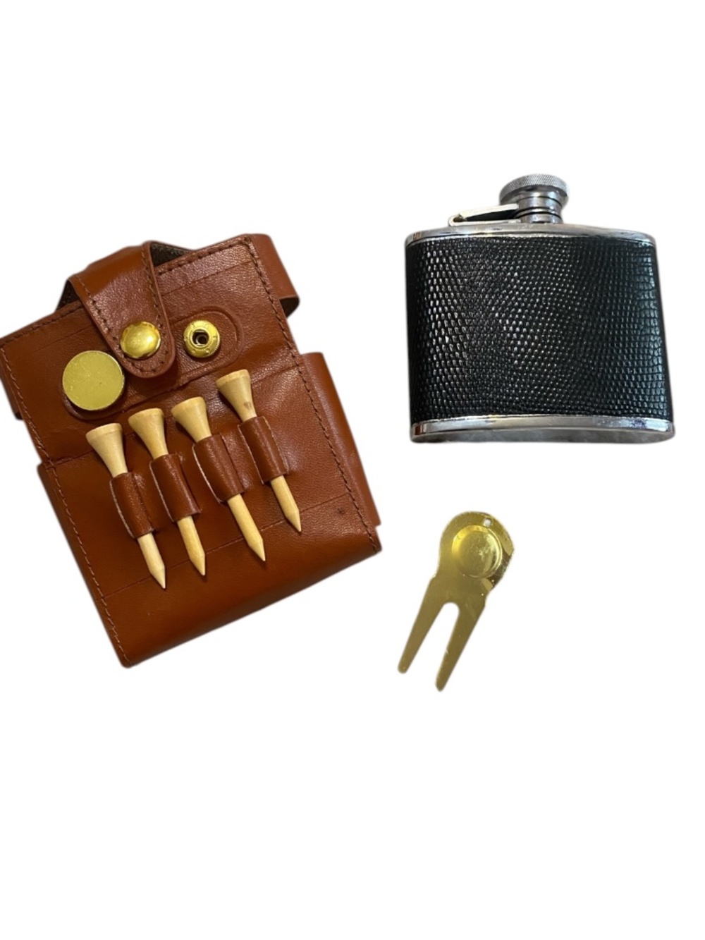 Vintage stainless steel flask with holder. England. Golfer style with tees